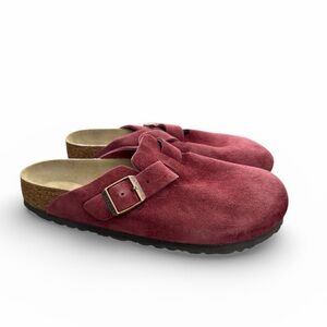 Birkenstock Red Suede Clogs with Buckle